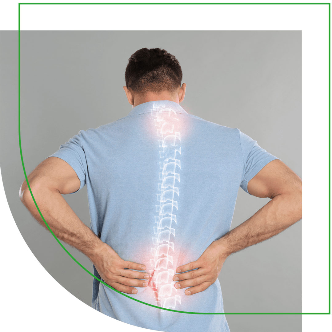 A man with his back turned and the image of a spinal column