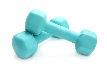 Two blue dumbbells are sitting on top of a white surface.